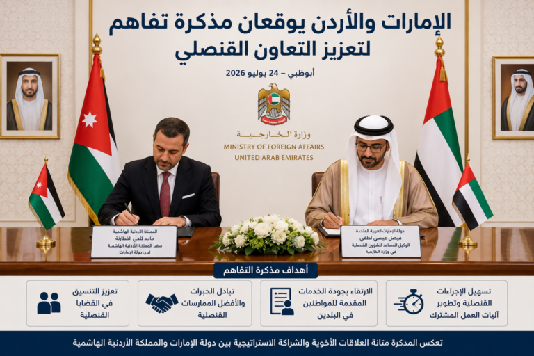 الإمارات والأردن يوقعان مذكرة تفاهم لتعزيز التعاون القنصلي