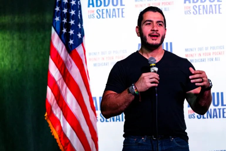 FERNDALE, MICHIGAN JULY 25: Democratic U.S. Senate candidate Abdul El-Sayed speaks during a campaign event at the Loving Touch on July 25, 2026, in Ferndale, Michigan. El-Sayed is facing U.S. Rep. Haley Stevens (D-MI) in a closely contested Democratic primary race for Senate which will be held on August 4th. Emily Elconin/Getty Images/AFP (Photo by Emily Elconin / GETTY IMAGES NORTH AMERICA / Getty Images via AFP)