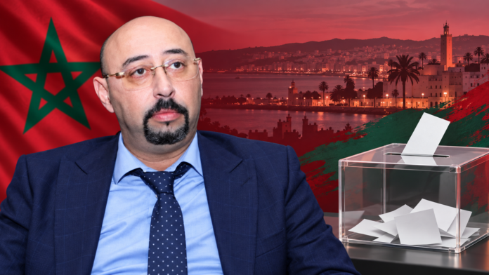 Man beside ballot box against Moroccan flag and city skyline