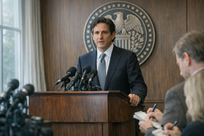 Official speaks at podium before federal seal and reporters