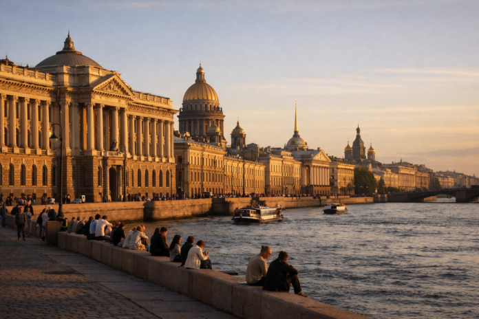 Sunset along Saint Petersburg's Neva River with historic landmarks