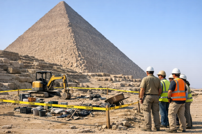 Archaeologists inspect excavation site beside Egyptian pyramid