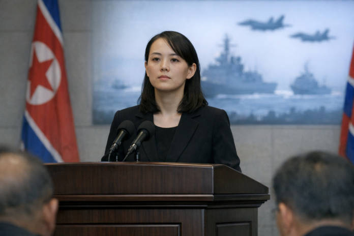 Woman speaks at podium between North Korean flags