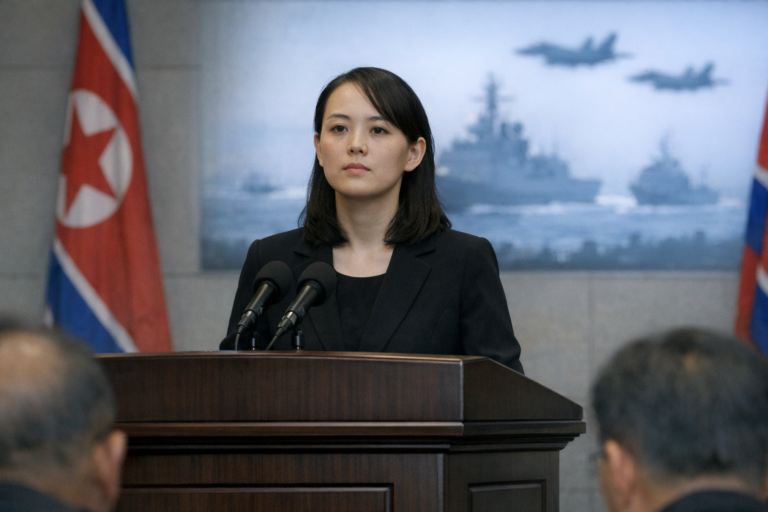 Woman speaks at podium between North Korean flags