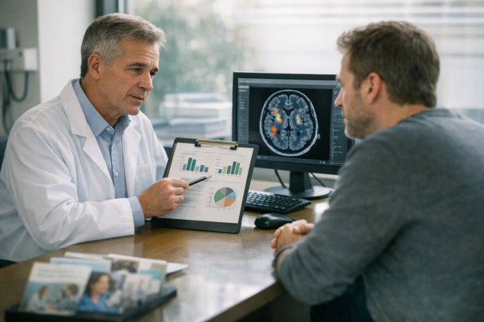 Doctor discusses brain scan results with male patient