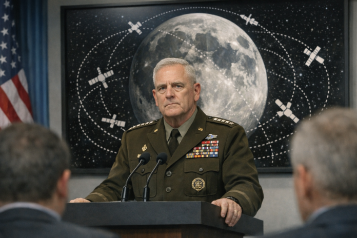 U.S. Army general speaks before satellite and moon backdrop.