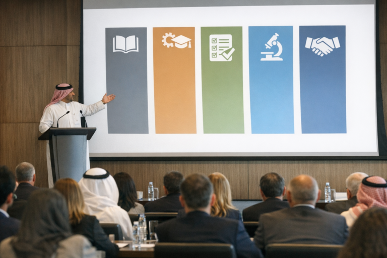 Speaker presents educational and business icons to conference audience