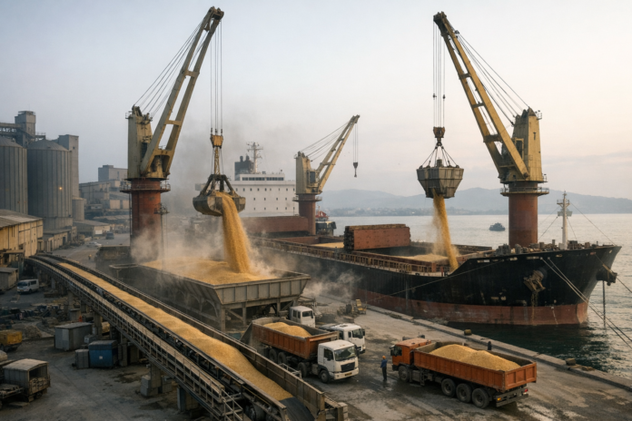 Cranes unload grain from cargo ship at industrial port