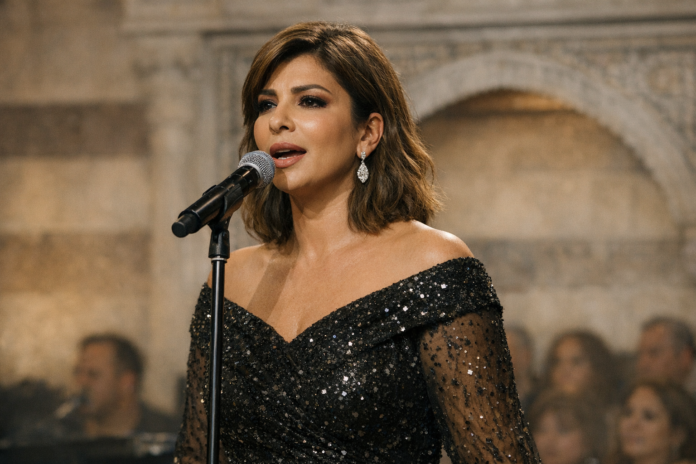 Woman in black sequined dress singing into microphone