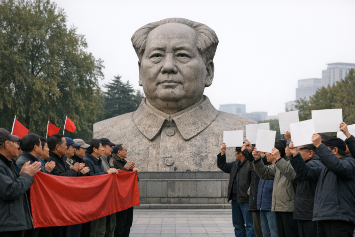 People gather before a giant Mao Zedong statue