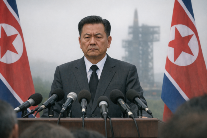 Official speaks at podium between North Korean flags