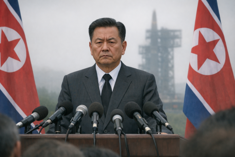 Official speaks at podium between North Korean flags