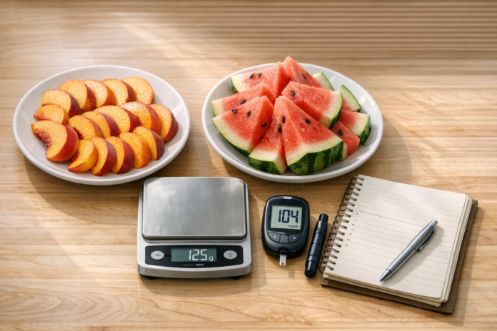 Peach and watermelon plates beside glucose meter and scale