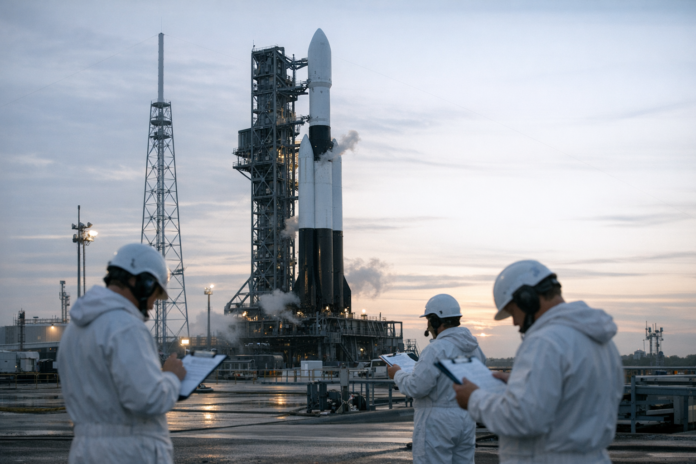 Technicians inspect rocket on launch pad at dawn