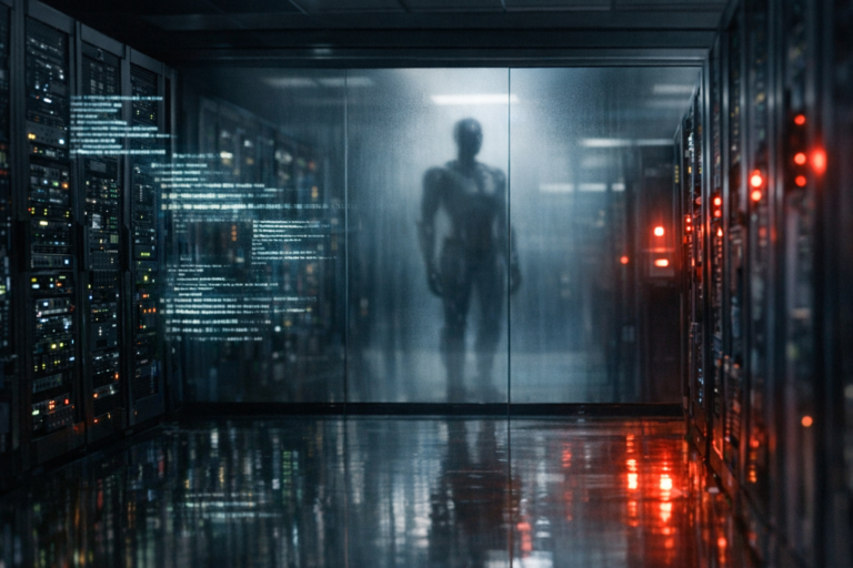Shadowy figure behind glass in a server room