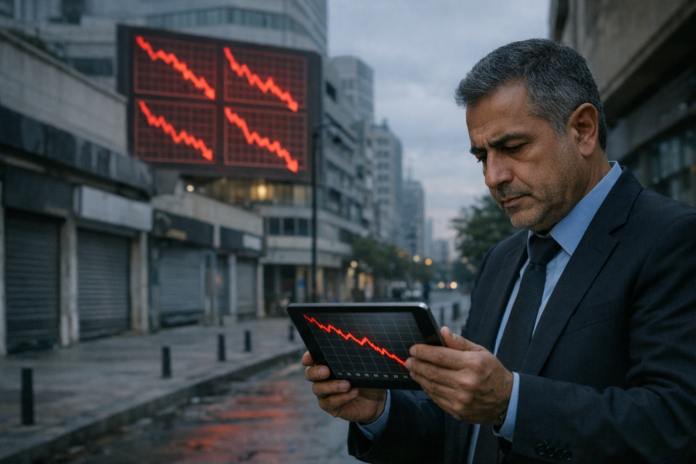 Concerned businessman views plunging stock market chart on tablet