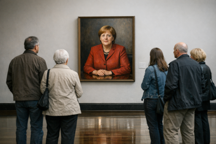 Museum visitors viewing a framed portrait of Angela Merkel