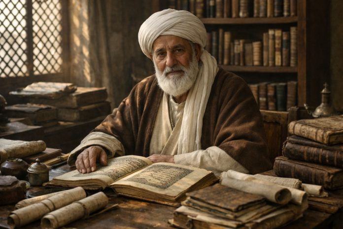 رجاء وتذلل: قصيدة الإمام السُّهَيْلِيُّ ومحطّات في التراث الإسلامي.jpg Elderly scholar reads manuscript in book-filled study