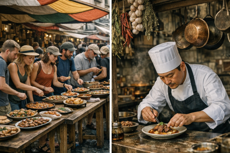 Market diners sample dishes while chef plates food