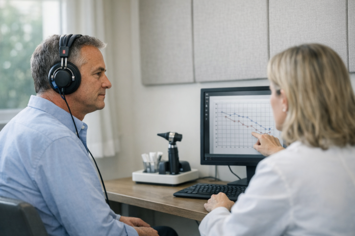 علامات مبكرة لفقدان السمع: كيف تكتشفها وتتصرّف مبكرًا.jpg Patient wearing headphones during hearing test consultation