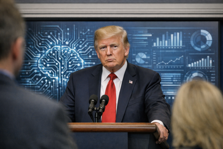 Donald Trump speaks at podium before technology data display.