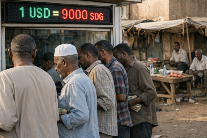 Men queue beneath Sudanese pound exchange rate sign