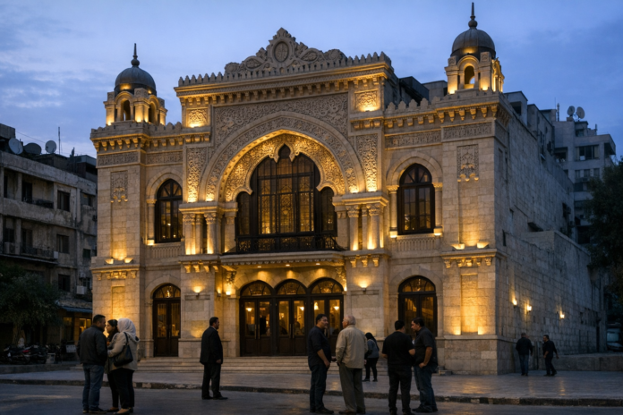 Illuminated ornate stone building at dusk with people outside