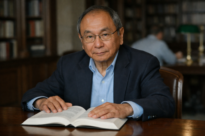 Older man reading an open book at a library table
