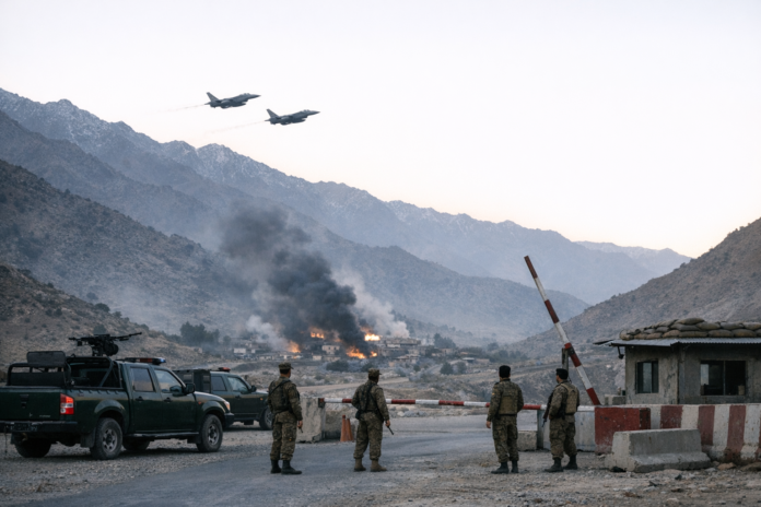 ضربة جوية باكستانية في أفغانستان تودي بحياة ثلاثة وتزيد التوتر على الحدود.jpg Soldiers at mountain checkpoint watch fires as fighter jets pass.
