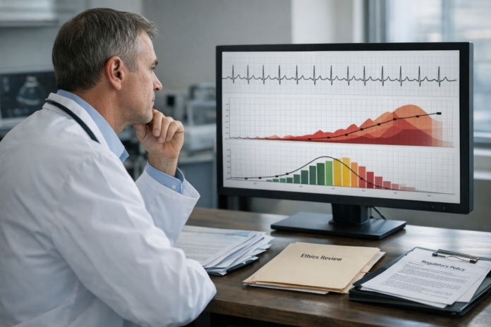 Doctor reviews ECG and medical data charts on monitor