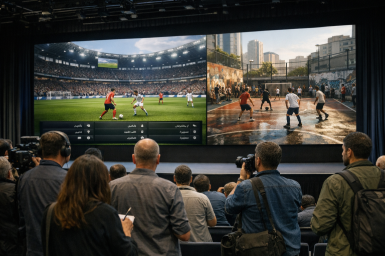 Audience watches projected stadium and street soccer scenes