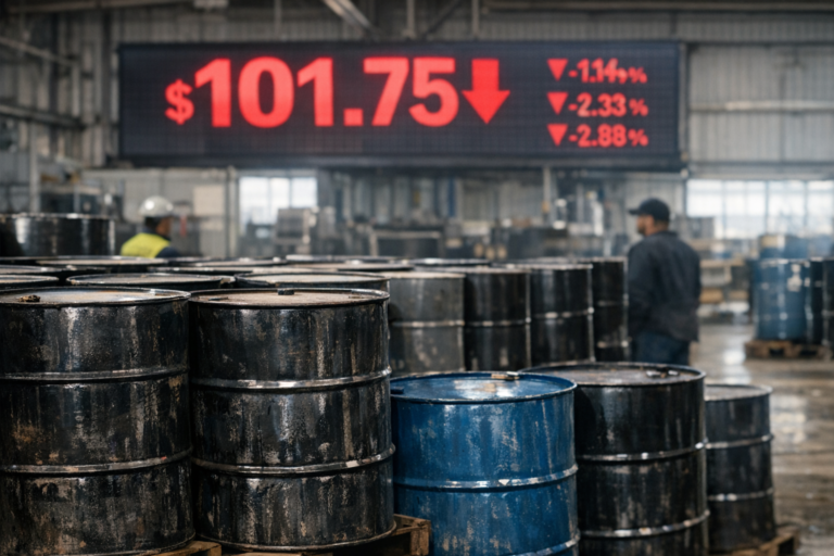 Oil barrels beneath a sharply declining price display