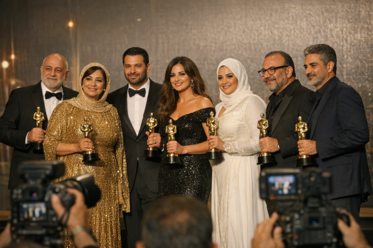 Seven award winners pose holding gold statuettes