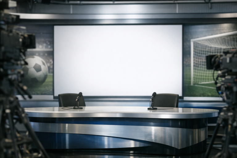 Empty soccer broadcast desk with cameras and blank screen