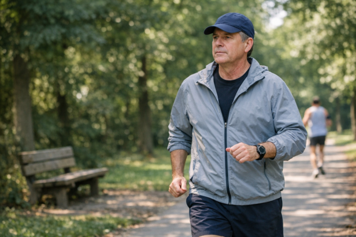 Man jogging on a tree-lined park path