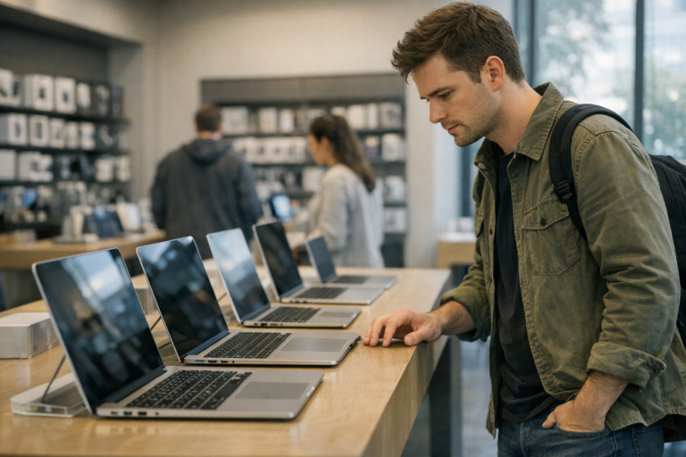 Man browsing laptop display in electronics store
