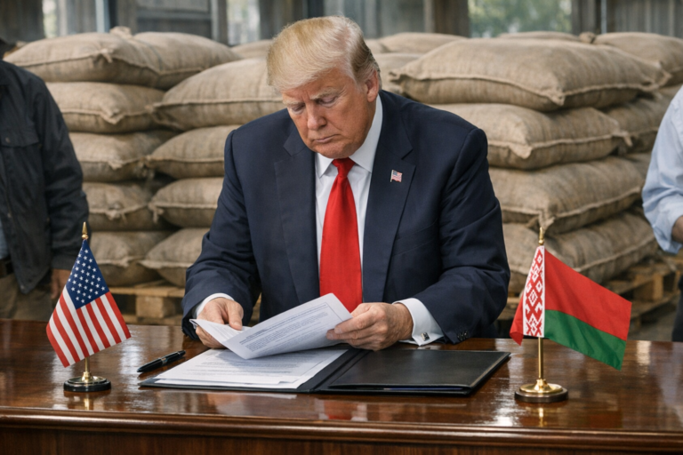 Donald Trump reviews documents between U.S. and Belarusian flags.
