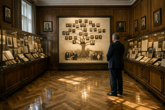 Man views family tree exhibit in historic museum