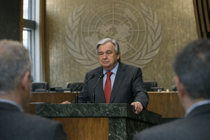 UN Secretary-General António Guterres speaks at a podium
