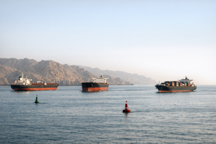 Three cargo ships sail past rugged coastal mountains.