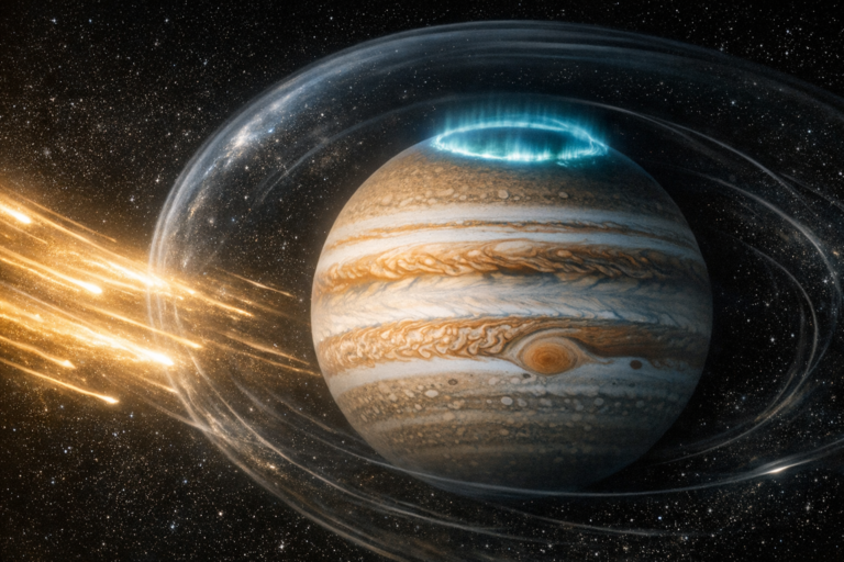 Jupiter’s aurora and magnetic field deflecting solar particles