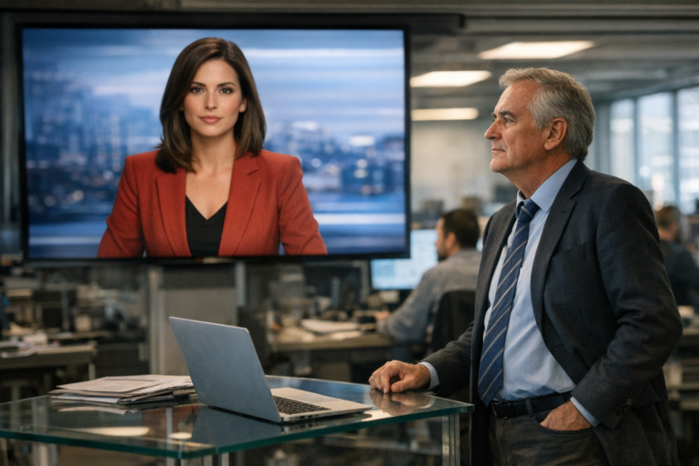 Businessman watches female news anchor on office monitor
