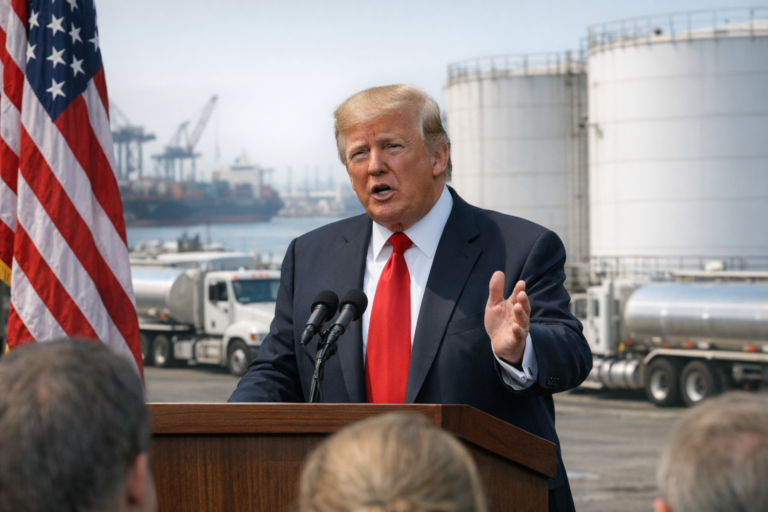 Donald Trump speaks at industrial port podium