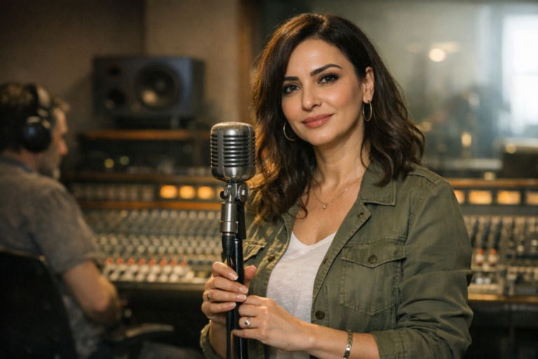 Woman holding vintage microphone in recording studio