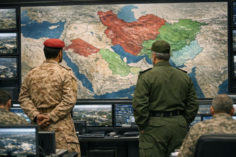 Military officers study a color-coded map in command center