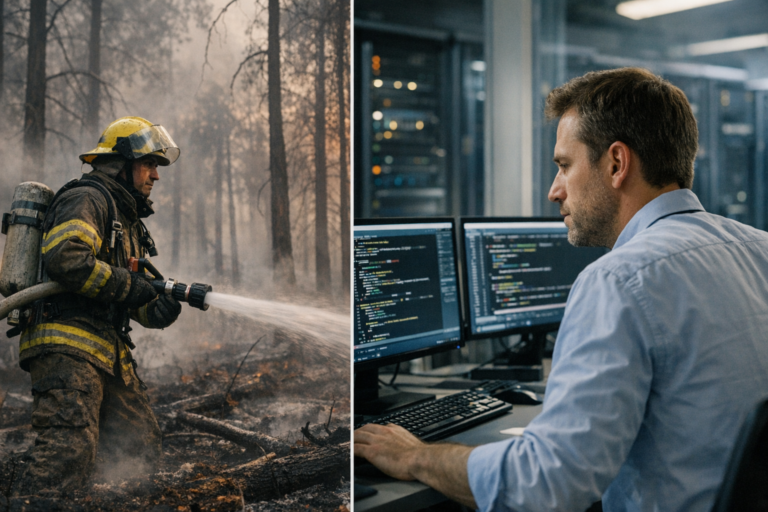 Firefighter battles forest fire beside programmer at computers
