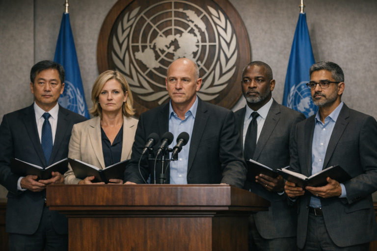 Officials stand at UN podium during press conference