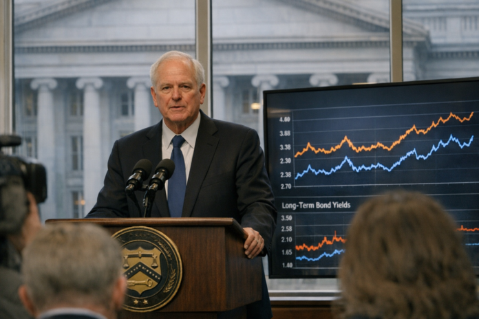 Treasury official speaks beside rising long-term bond yield chart