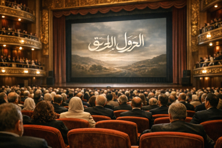 Audience watches Arabic calligraphy on theater screen