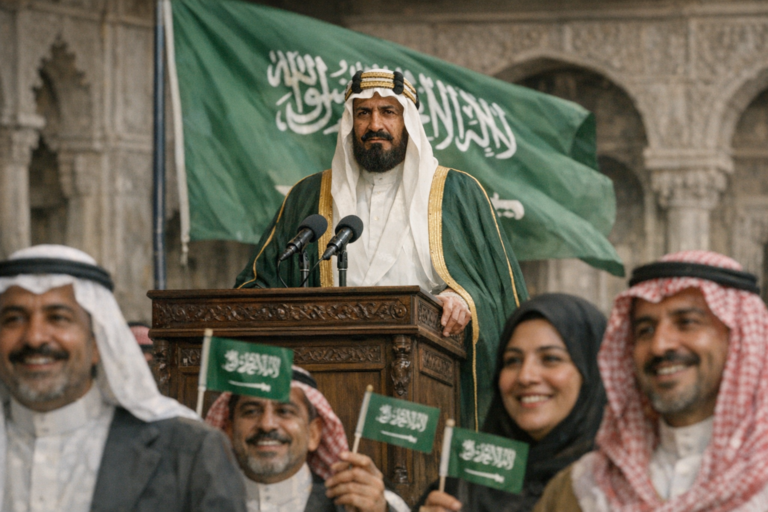 Saudi official speaking at podium before Saudi flag